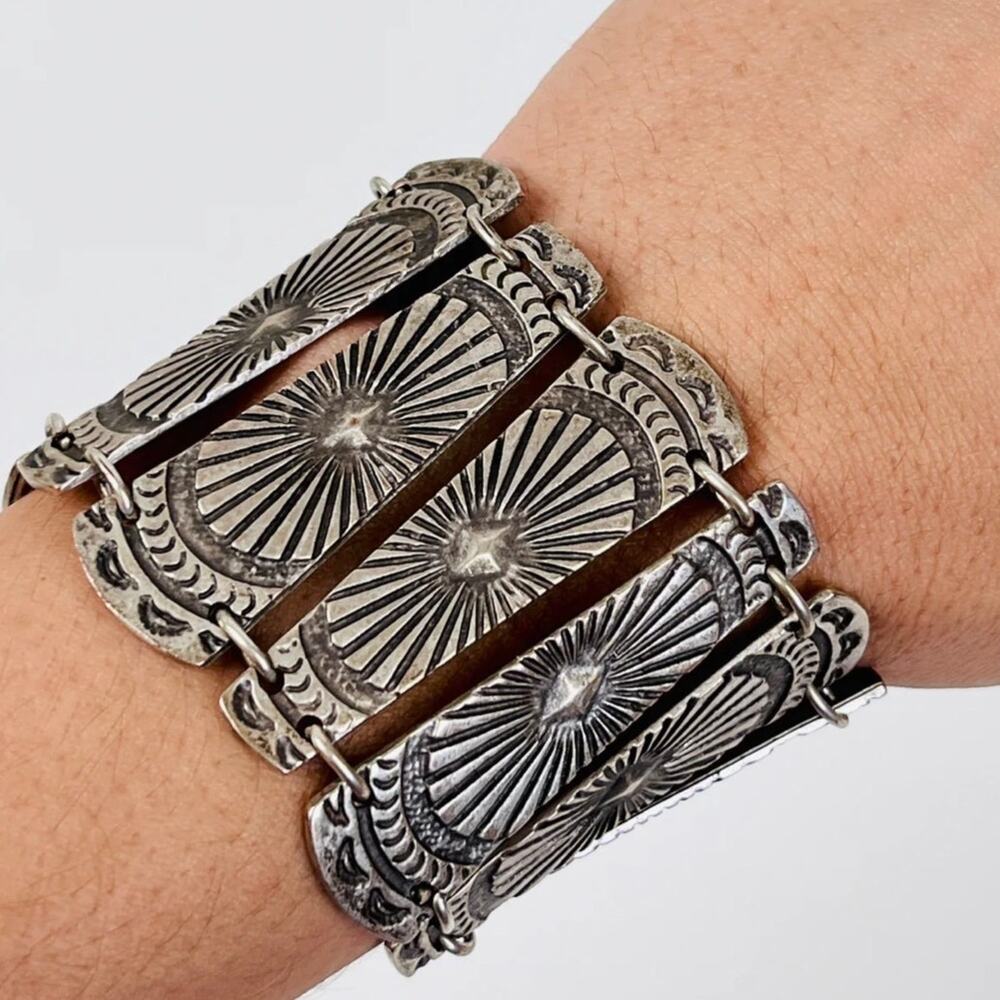 Metal Engraved Boho Bracelet Stamped Casual Link Silver tone Bohemian Jewelry